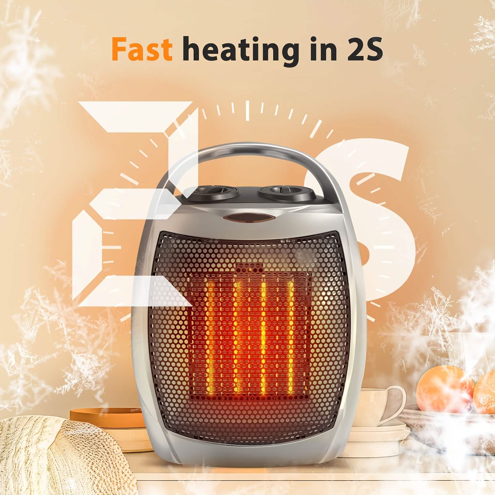 Chauffage d'appoint en céramique portable 1500W avec thermostat, protection de sécurité et poignée de transport