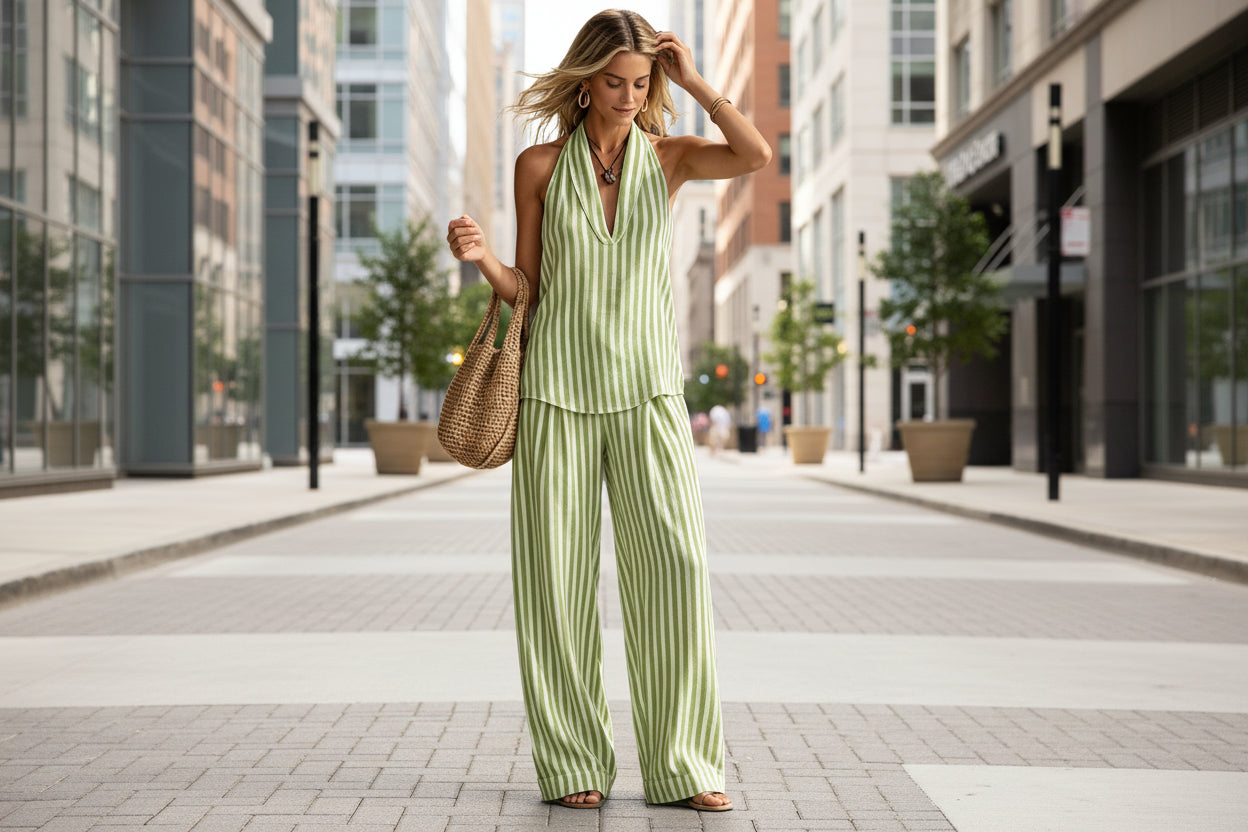 Ensemble Débardeur Rayé & Pantalon Large Femme – Tendance 2 Pièces