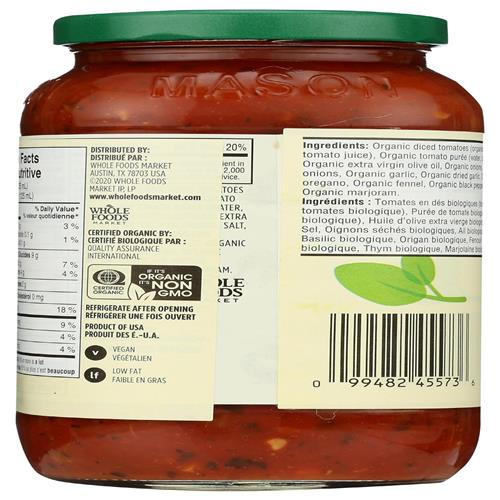 Whole Foods Market, Sauce Pâtes Bio aux Herbes Italiennes, 708 g