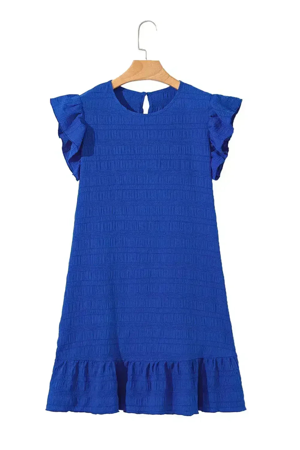 Robe courte volantée bleu foncé texturée à manches flottantes