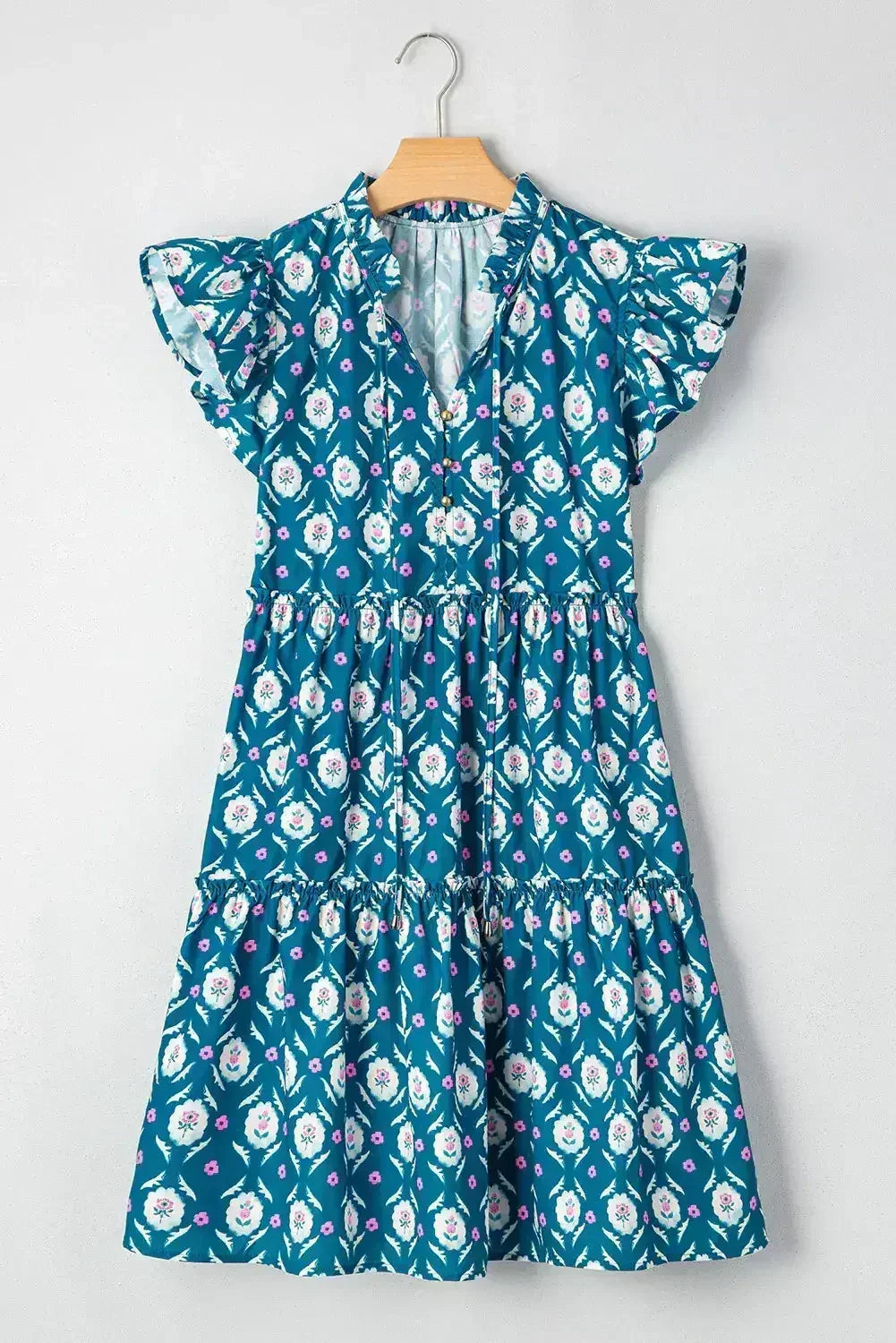 Robe bleue à imprimé floral rétro, col fendu et manches courtes à volants