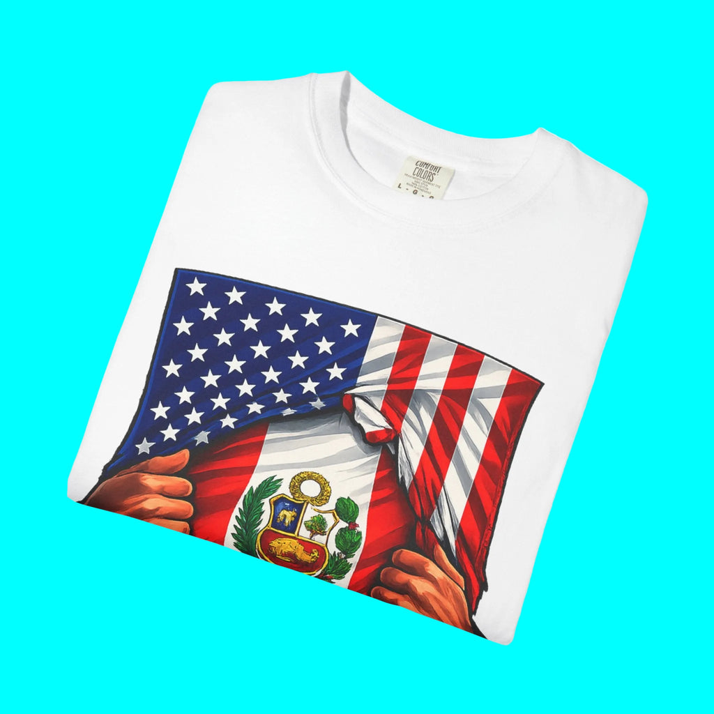 Drapeau Pérou + Drapeau USA T-shirt Fierté | Drapeau Péruvien + Américain Déchiré 4 Juillet | T-shirts Latino Drôles Viraux | Unisexe - 4 Couleurs