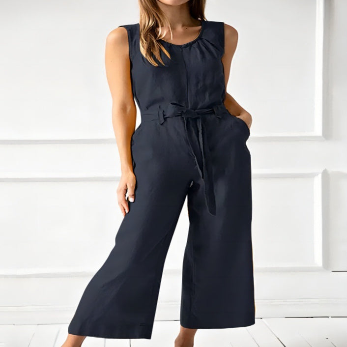 Pantalon en coton uni taille mi-haute longueur cheville pour femme