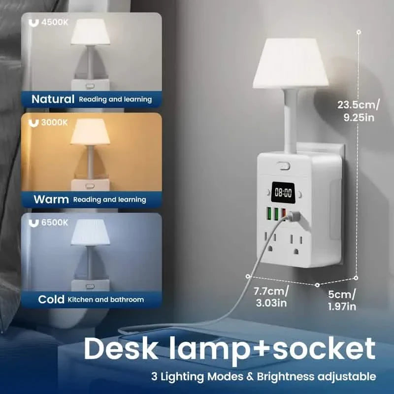 Multiprise multifonction 11-en-1 avec lampe de bureau, horloge, ports USB et protection contre les surtensions