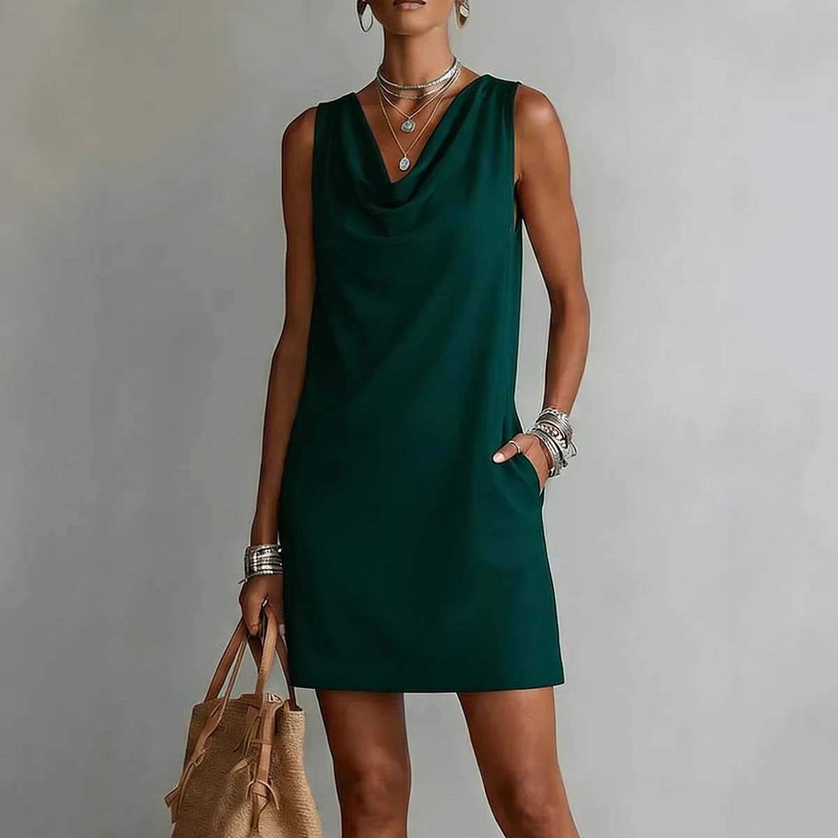 Robe Midi Décontractée sans Manches et Col Bateau pour Femme