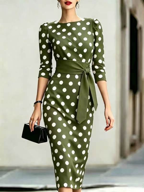 Robe midi moulante rétro à pois pour femme – Ceinturée avec liens croisés