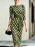 Robe midi moulante rétro à pois pour femme – Ceinturée avec liens croisés