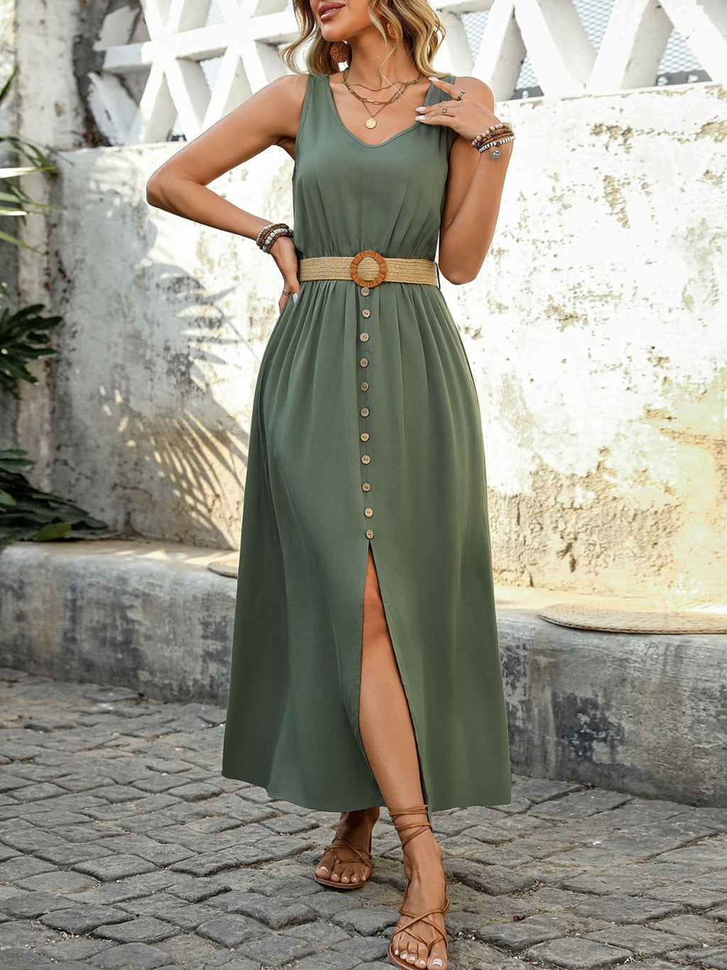 Robe midi sans manches boutonnée décorative Robe longue élégante et intemporelle et confortable