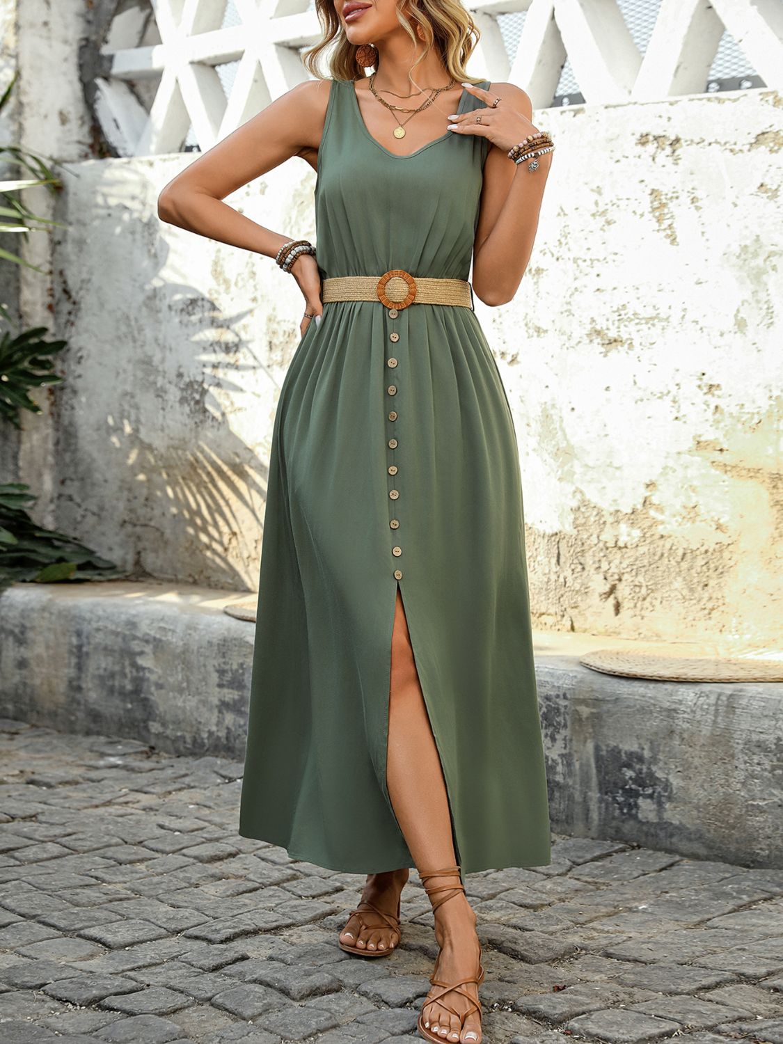 Robe midi sans manches boutonnée décorative Robe longue élégante et intemporelle et confortable