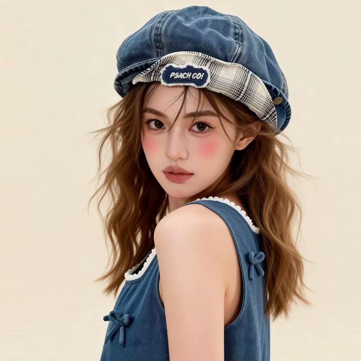 Béret en jean à double bord relevé – Chapeau en coton respirant pour femme