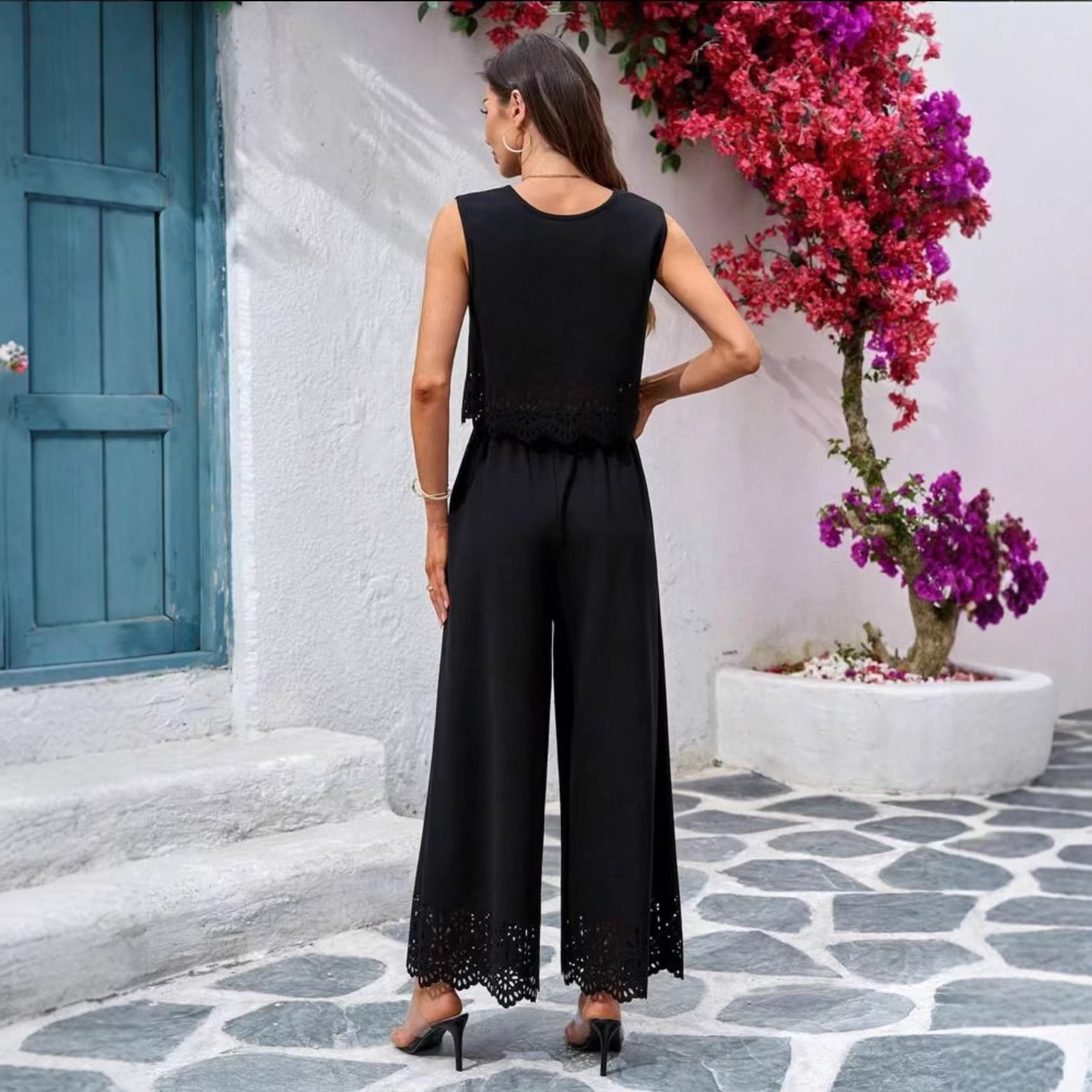 Ensemble 2 pièces débardeur ajouré et pantalon de style balnéaire pour femme – avec poches