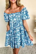 Mini-robe babydoll bleue florale à manches bouffantes