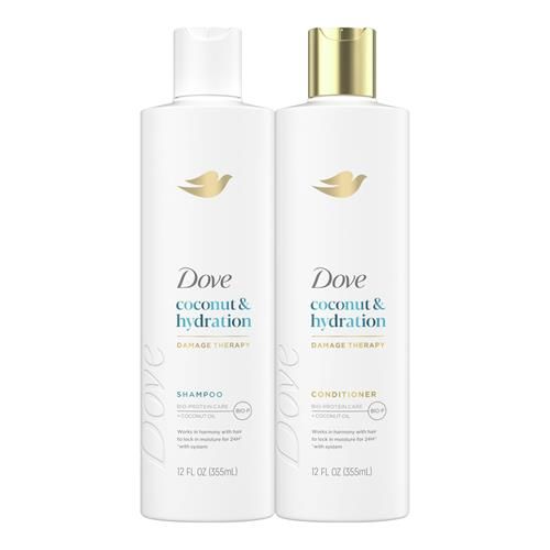 Shampooing et revitalisant Dove Noix de Coco & Hydratation, lot de 2, pour cheveux secs avec la technologie Bio-Protein Care et de l'huile de noix de coco, 355 ml