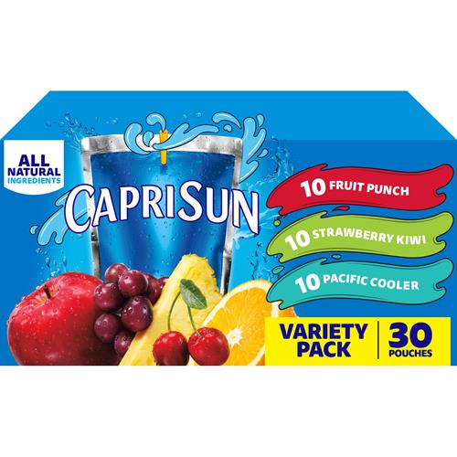 Capri Sun Lot de 30 pochettes de 17,7 cl de boisson aux jus de fruits aromatisés : Fruit Punch, Fraise Kiwi et Pacific Cooler