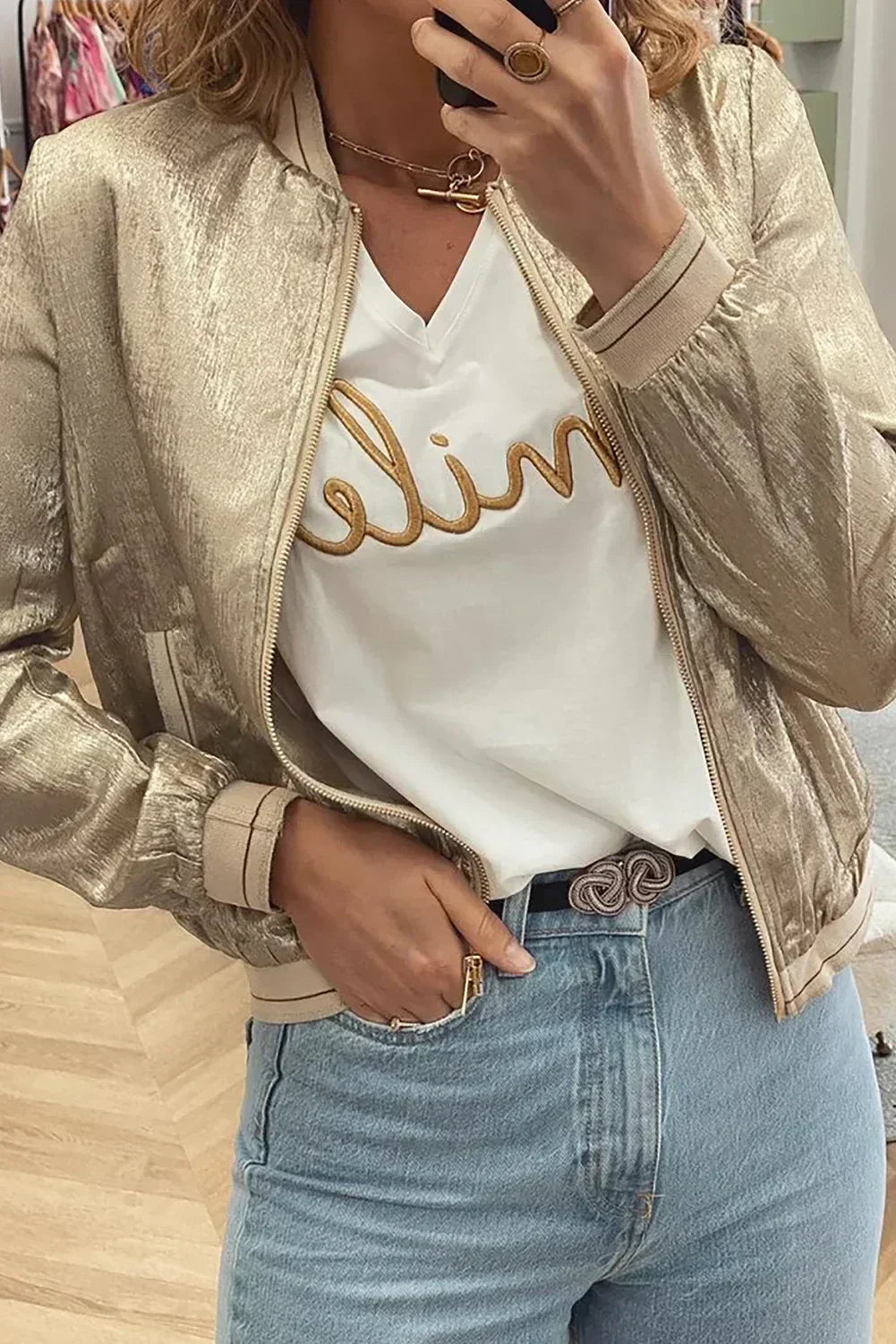 Veste de Baseball Zippée Métallisée Kaki Pâle – Femstylo