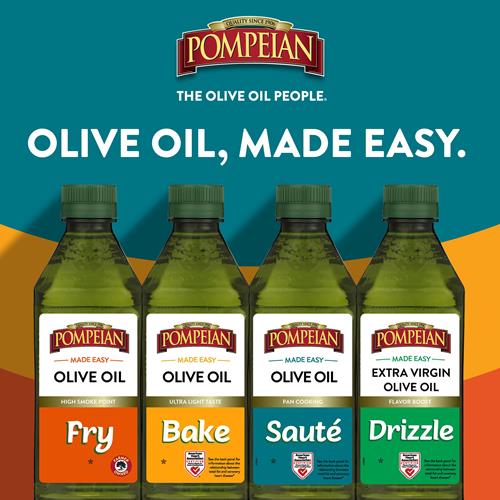 Pompeian Made Easy Huile d'Olive de Cuisson, Goût Ultra Léger, Parfait pour les Aliments Cuisinés Tels que les Brownies et les Gâteaux, Certifié par l'American Heart Association, Non-Allergène, Non-OGM, 473 ml (Paquet de 1) - Pa