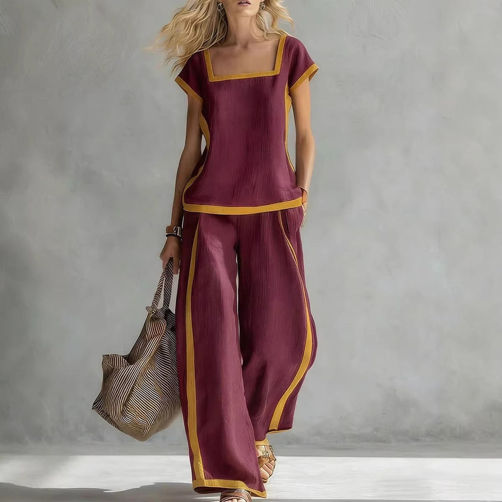 Ensemble deux pièces haut et pantalon amples à encolure carrée et manches trois-quarts