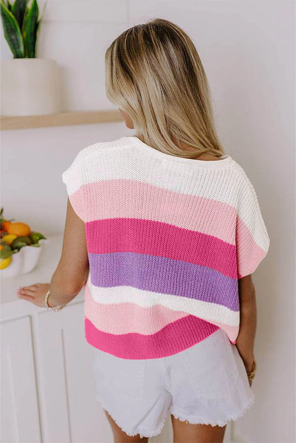 T-shirt en tricot color block multicolore à col en V entaillé
