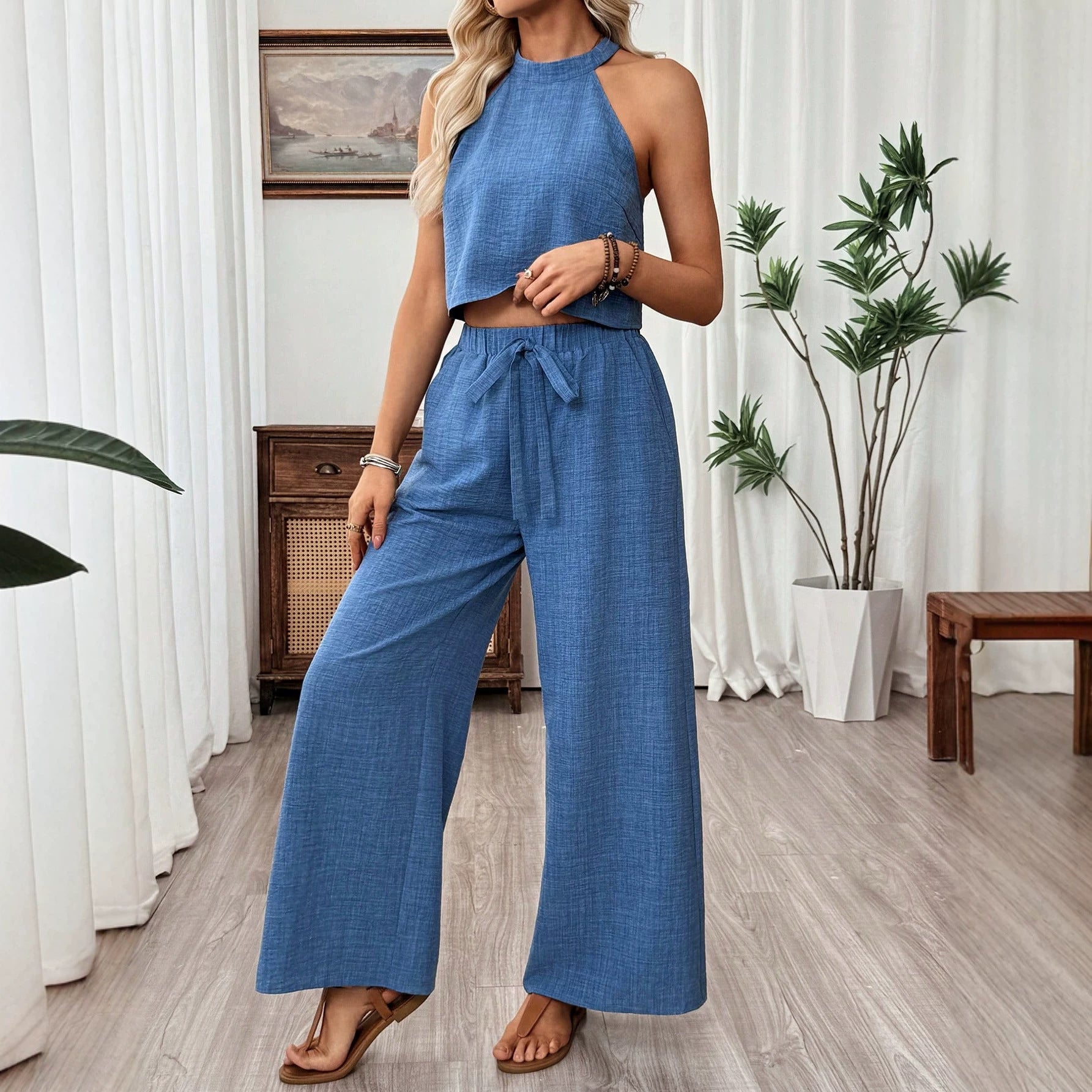 Ensemble deux pièces caraco court à col américain et pantalon large pour femme