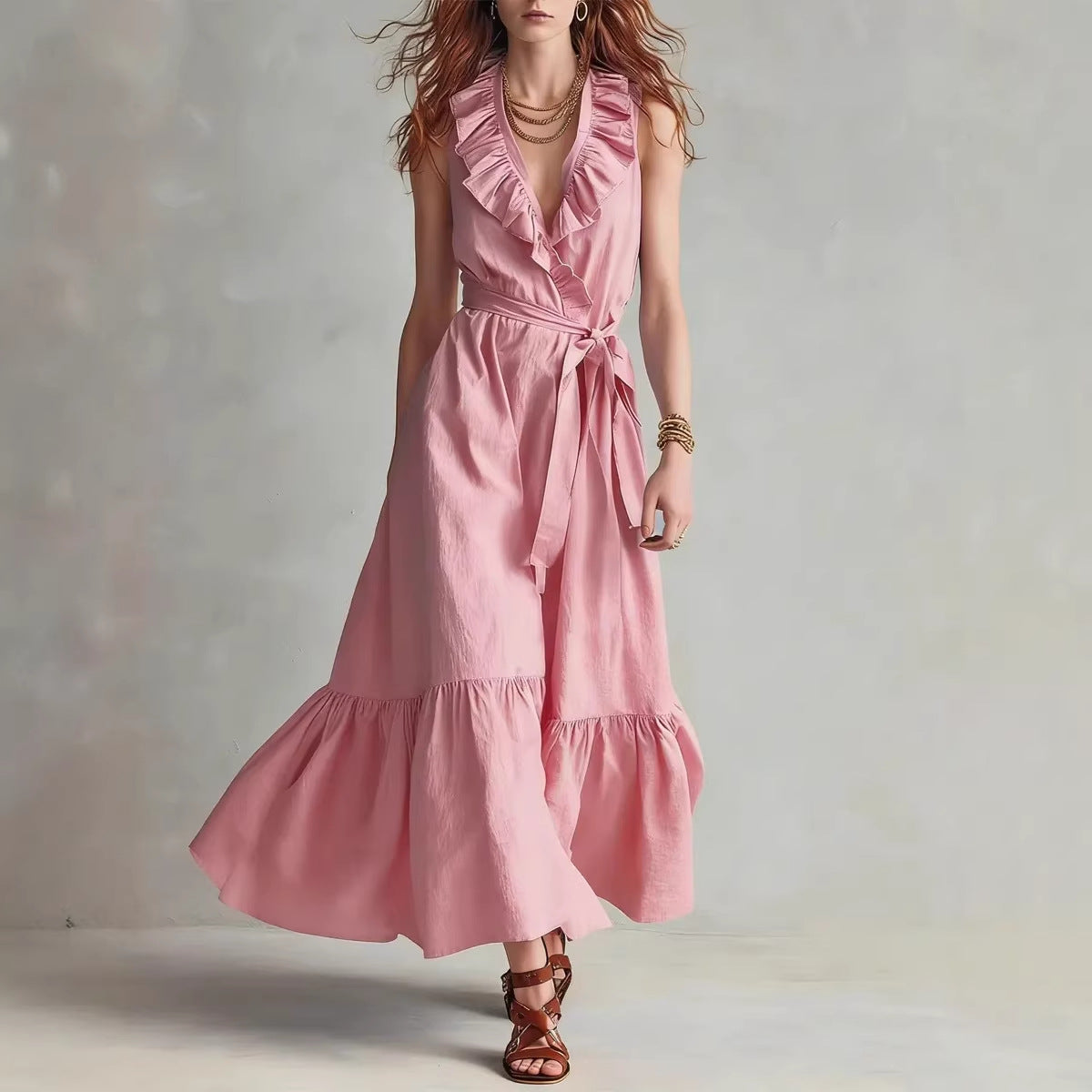 Robe longue sans manches évasée à col en V et laçage empiècements – Femme