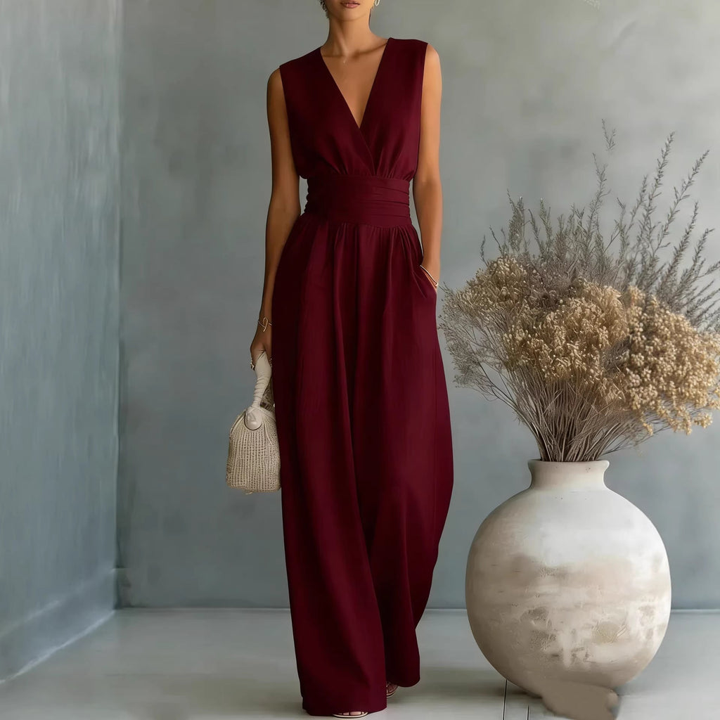 Combinaison élégante sans manches à col en V pour femme – Jambes droites, taille cintrée