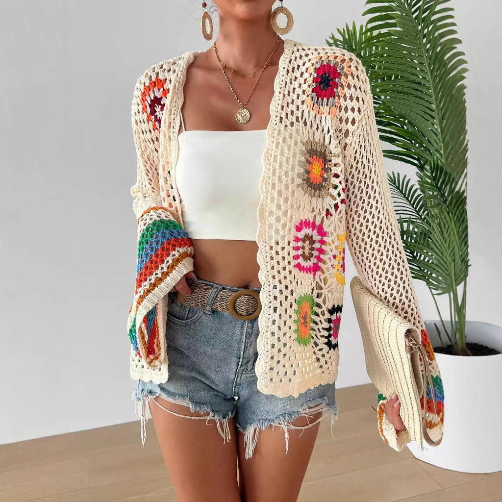 Cardigan en maille florale fait main au crochet | Haut tricoté bohème ouvert sur le devant