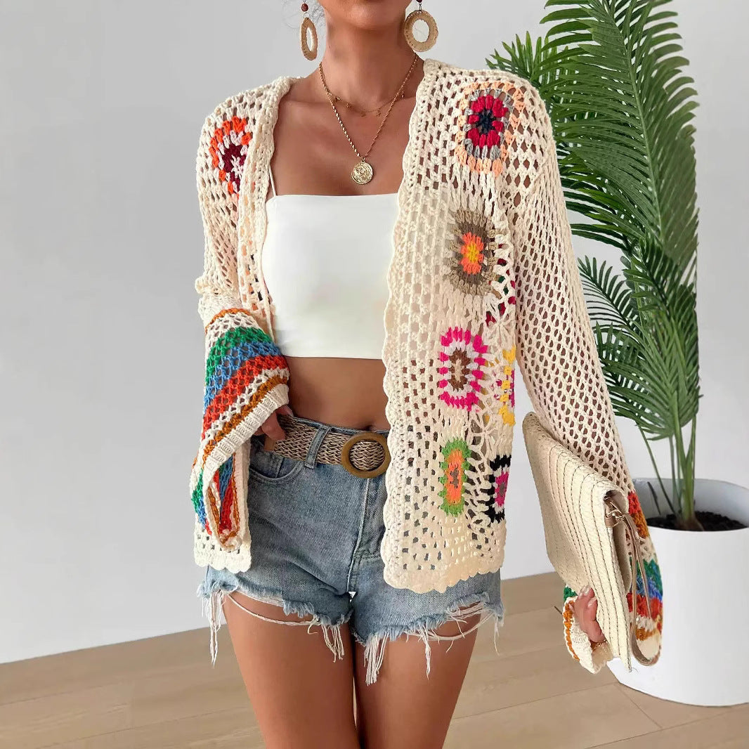 Cardigan en maille florale fait main au crochet | Haut tricoté bohème ouvert sur le devant