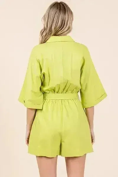 Combi-short noué à la taille - Combinaison en lin mélangé à manches mi-longues | Femstylo