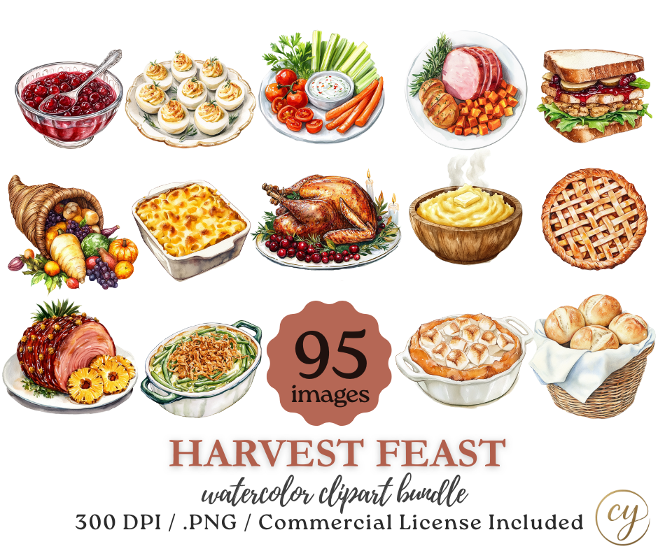Harvest Feast Watercolor Clipart Bundle – Thanksgiving Food Collection (95 Images, 300 DPI, Commercial License)