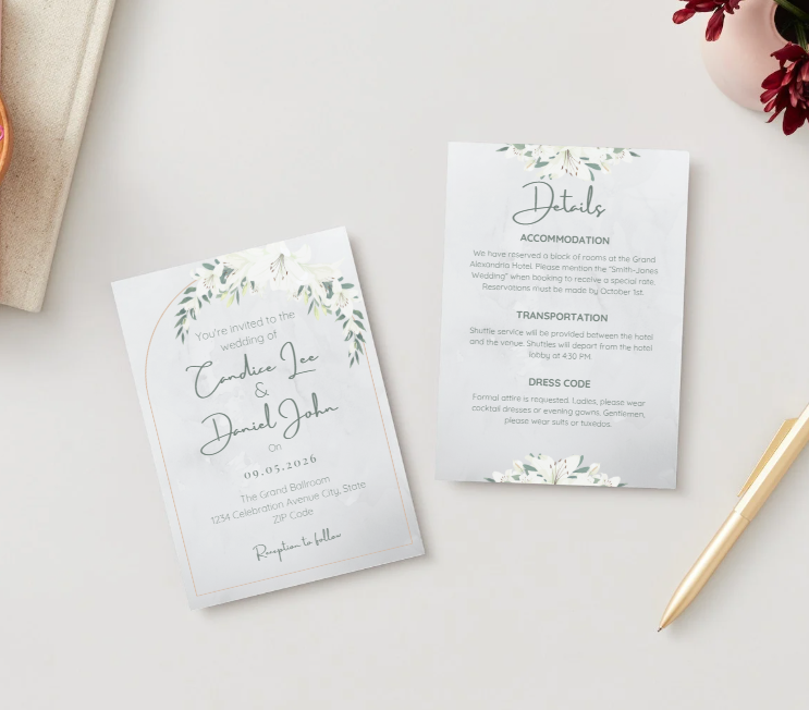 Ensemble Faire-part de Mariage et Carte d'Informations Lys Blanc – Modèle Canva Modifiable – Téléchargement Instantané