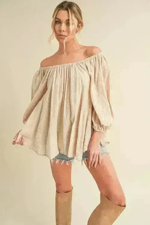 Chemisier à épaules dénudées et manches ballon - Top féminin 100 % coton | Femstylo