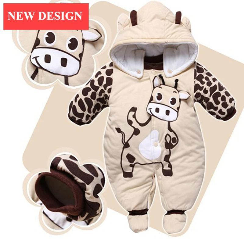 Grenouillères d'automne et d'hiver chaudes pour bébés filles garçons, combinaisons à capuche épaisses et mignonnes en dessin animé pour bébés au design moderne