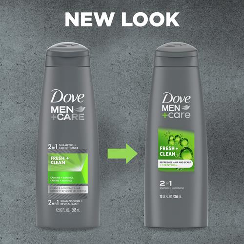 Dove Men+Care Shampoing et revitalisant fortifiants 2 en 1 Fraîcheur et propreté à la caféine pour cheveux normaux à gras Aide à renforcer et nourrir les cheveux 355 ml