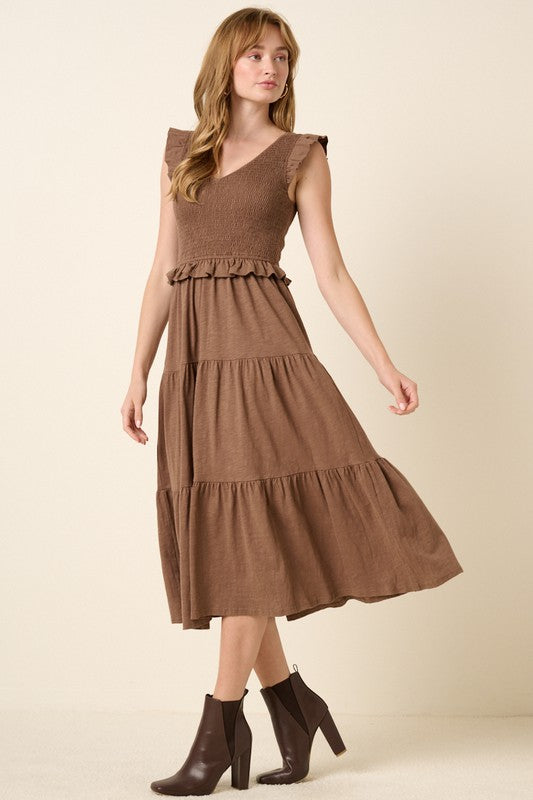 Robe midi étagée volantée smockée pour femme – Robe bohème chic féminine, romantique et élégante pour occasions spéciales