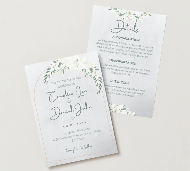 Ensemble Faire-part de Mariage et Carte d'Informations Lys Blanc – Modèle Canva Modifiable – Téléchargement Instantané