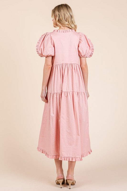Robe mi-longue babydoll étagée à manches bouffantes et volants – Robe mi-longue babydoll légère, adorable, élégante, féminine et tendance avec volants et manches bouffantes