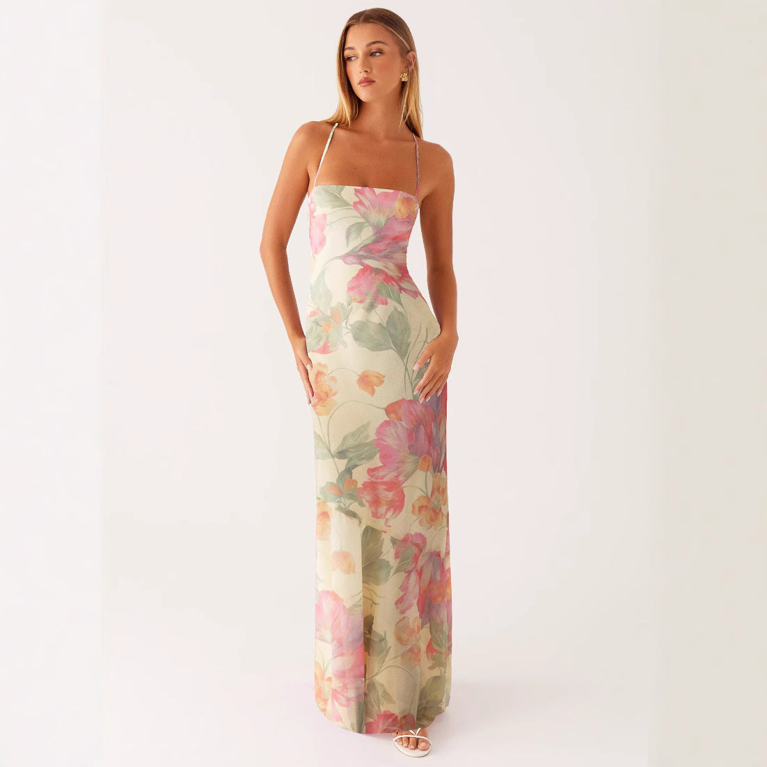 Robe longue moulante sans manches à bretelles imprimée | Taille haute