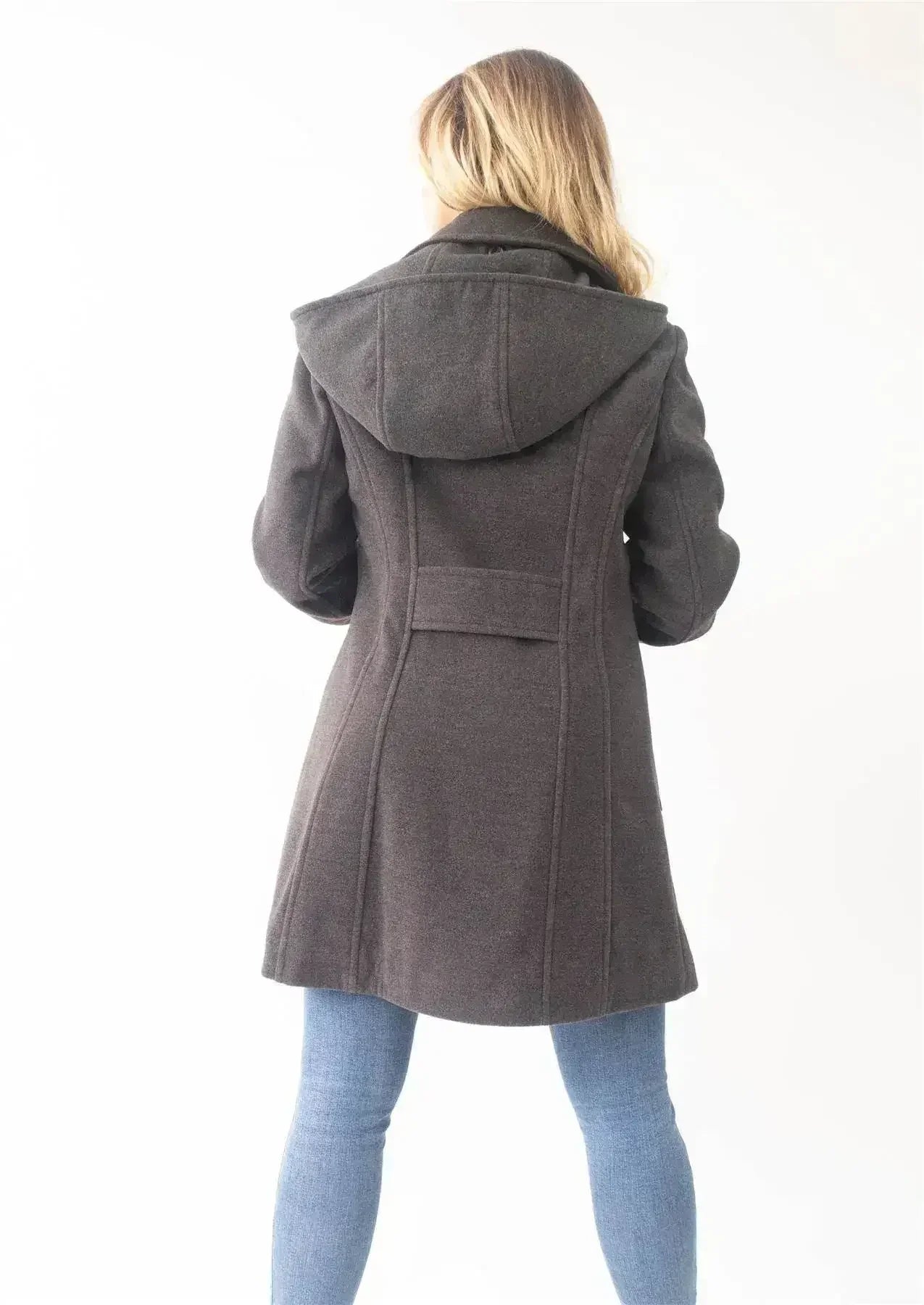 Manteau à capuche croisé double face en laine