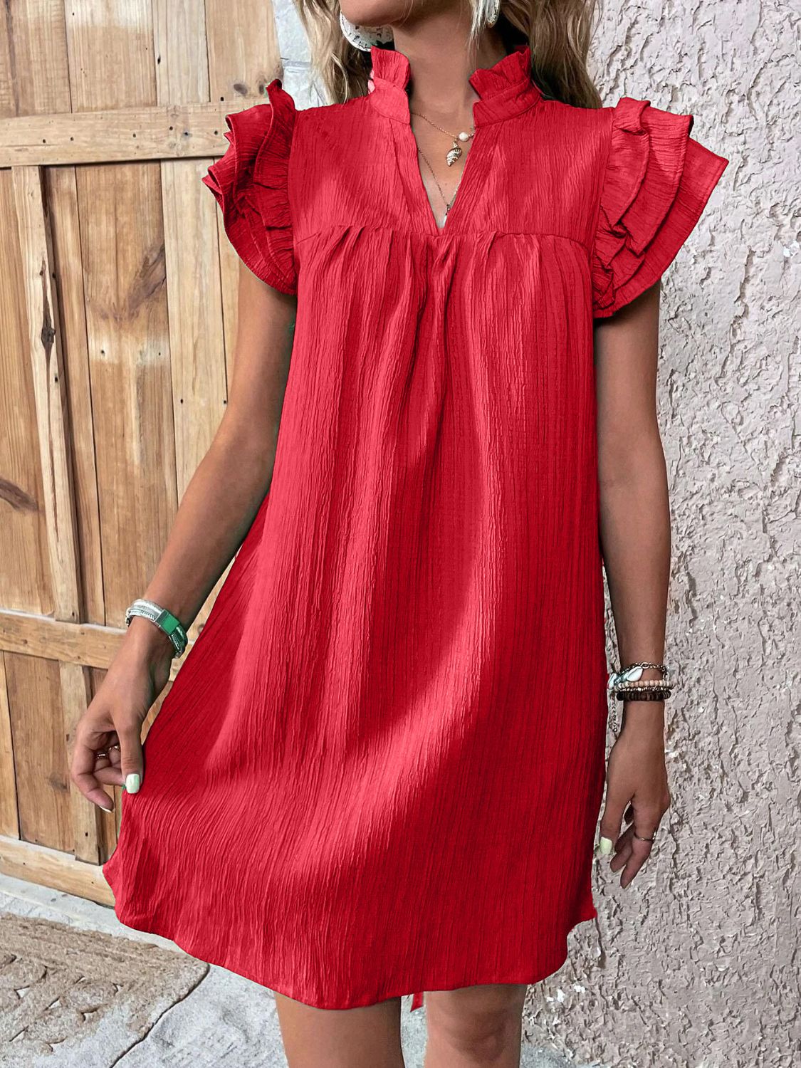 Mini-robe élégante à volants et manches courtes Robe d'été fluide et féminine