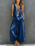 Ensemble débardeur sans manches et pantalon large en coton et lin pour femme