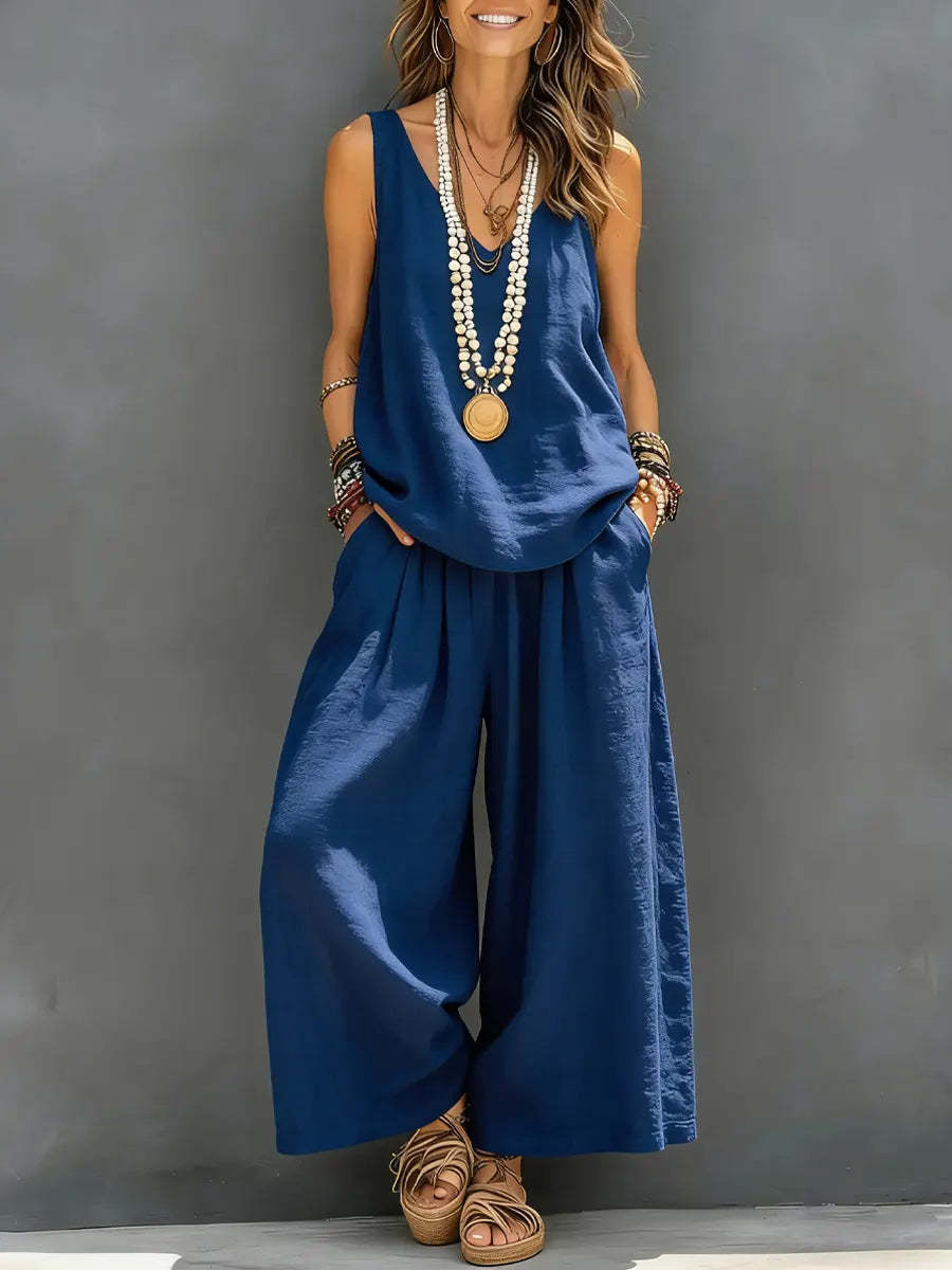 Ensemble débardeur sans manches et pantalon large en coton et lin pour femme