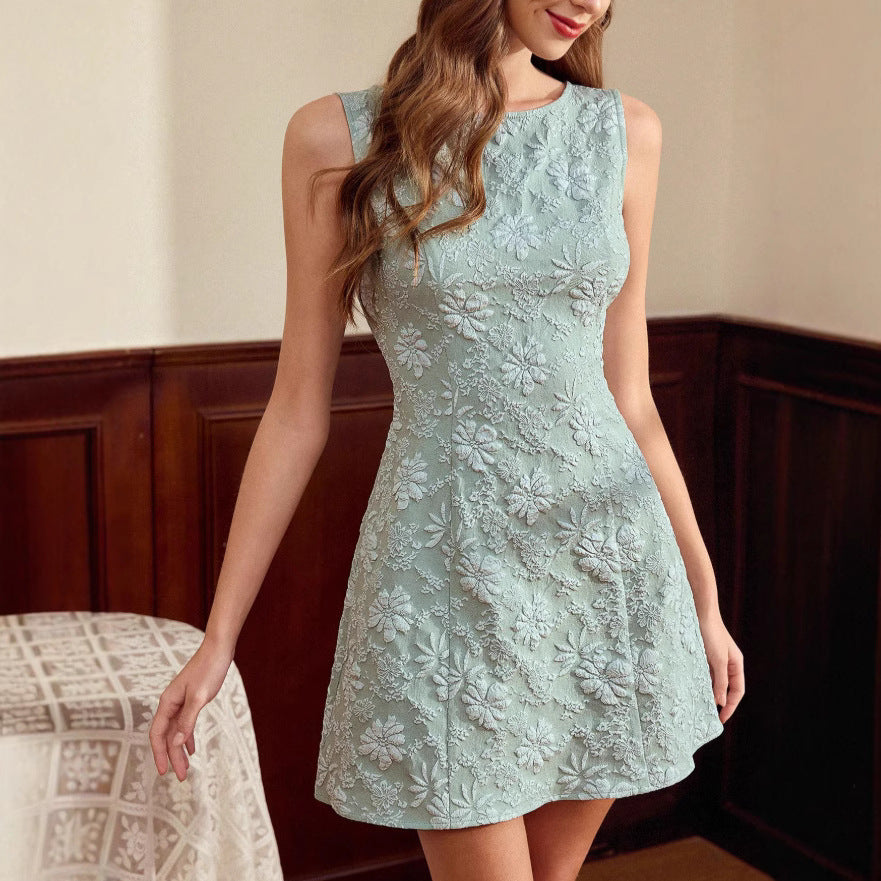 Robe midi sans manches en jacquard pour femme – Coupe ajustée style minimaliste français