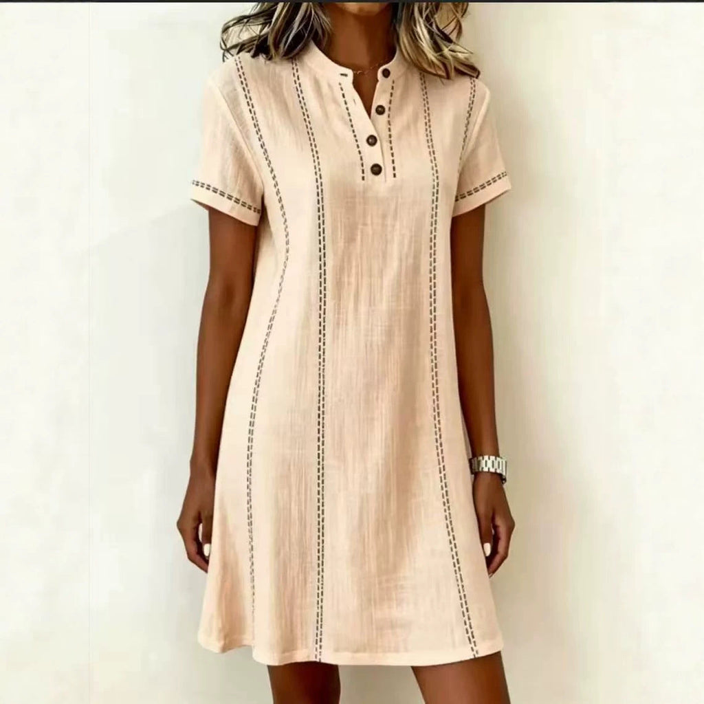 Robe midi femme ample à col montant, imprimée et boutonnée – Manches 3/4