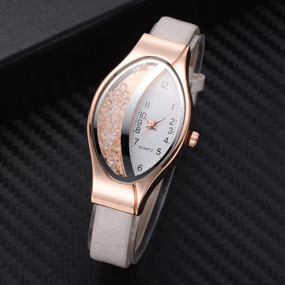 Montre de luxe Ellipse en PU à bracelet en cuir pour femmes, montre-bracelet à quartz sport en strass pour femmes et jeunes filles