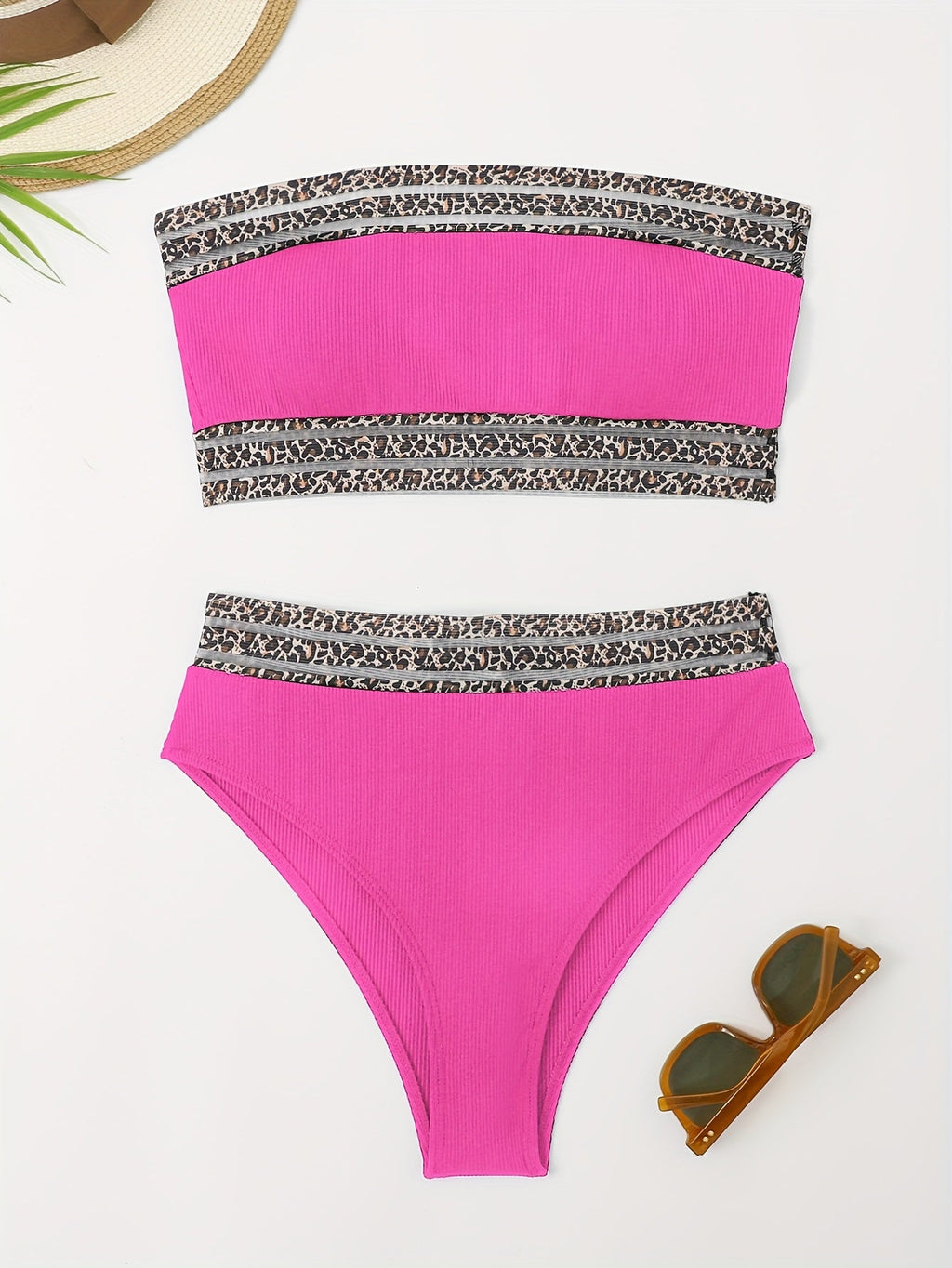 Maillot de Bain Deux Pièces Femme Bikini Taille Haute Bandeau Imprimé Léopard – Ensemble Bikini Super Élastique avec Détails en Maille Séduisants et Coupe Flatteuse – Maillot de Bain Chic Imprimé Animal pour la Plage, la Piscine et les Vacances d'Été