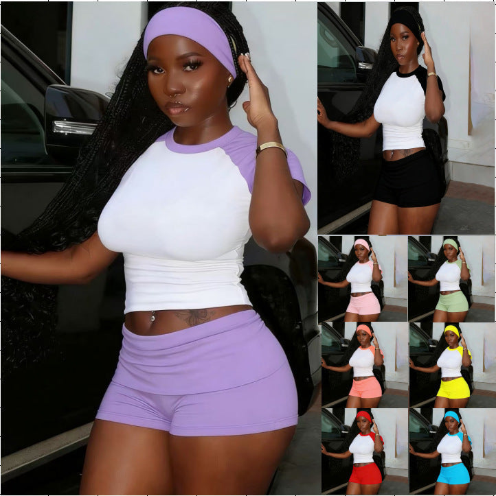 Ensemble de Sport Raglan Contrastant pour Femme — T-shirt, Short et Bandeau 3 Pièces
