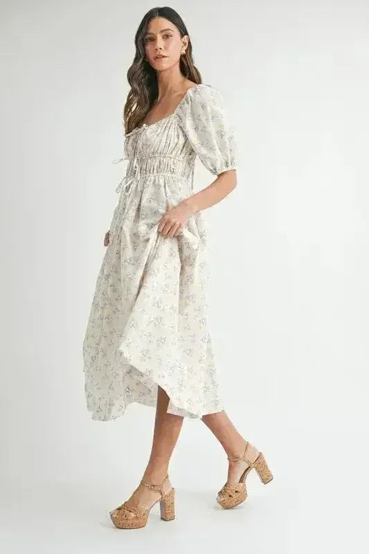 Robe midi MABLE à manches bouffantes avec cordon de serrage et motif floral