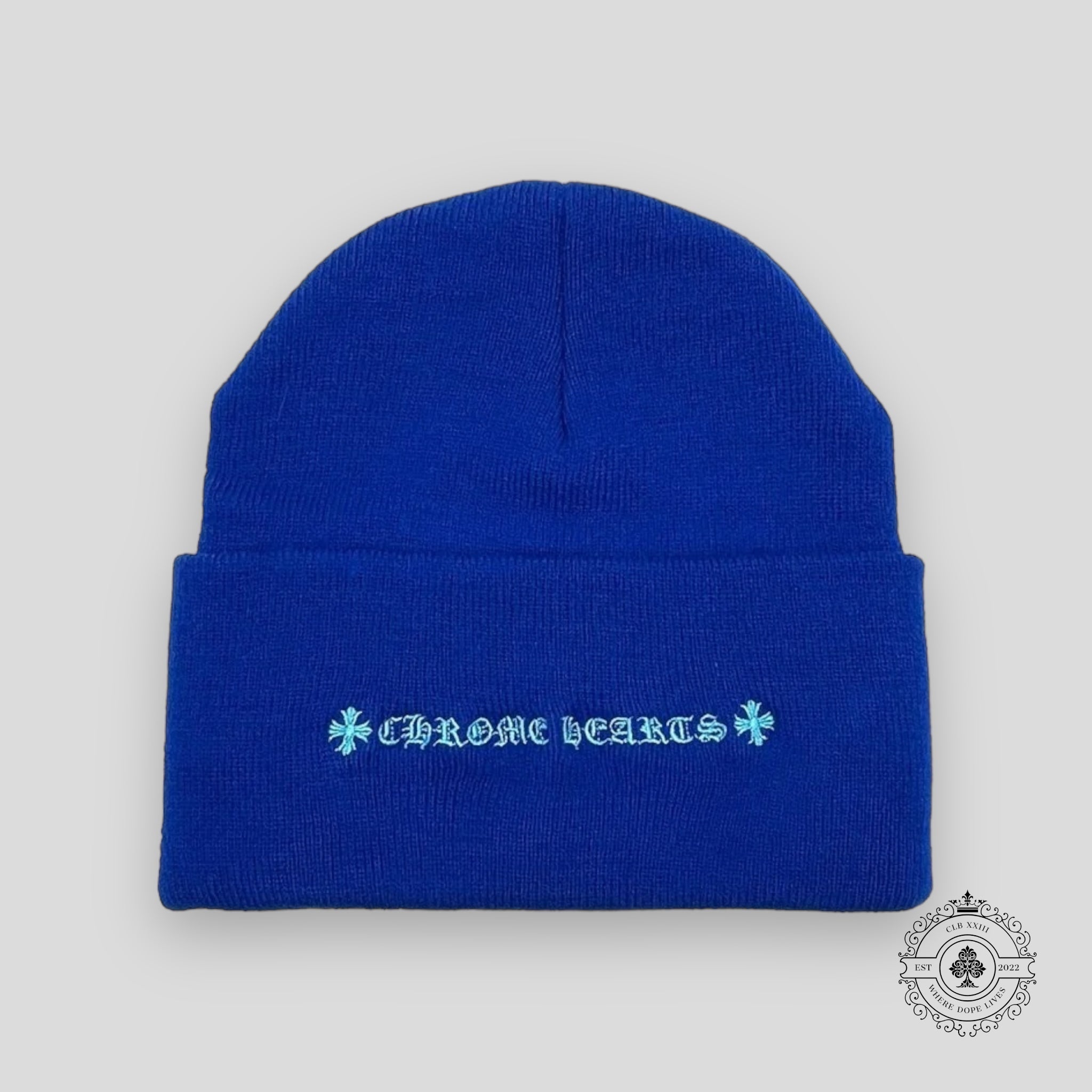 Bonnet brodé triple croix Chrome Hearts en bleu