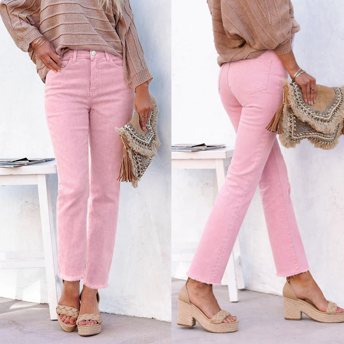 Jean droit taille haute pour femme, longueur cheville, ourlet brut – Jeans décontracté