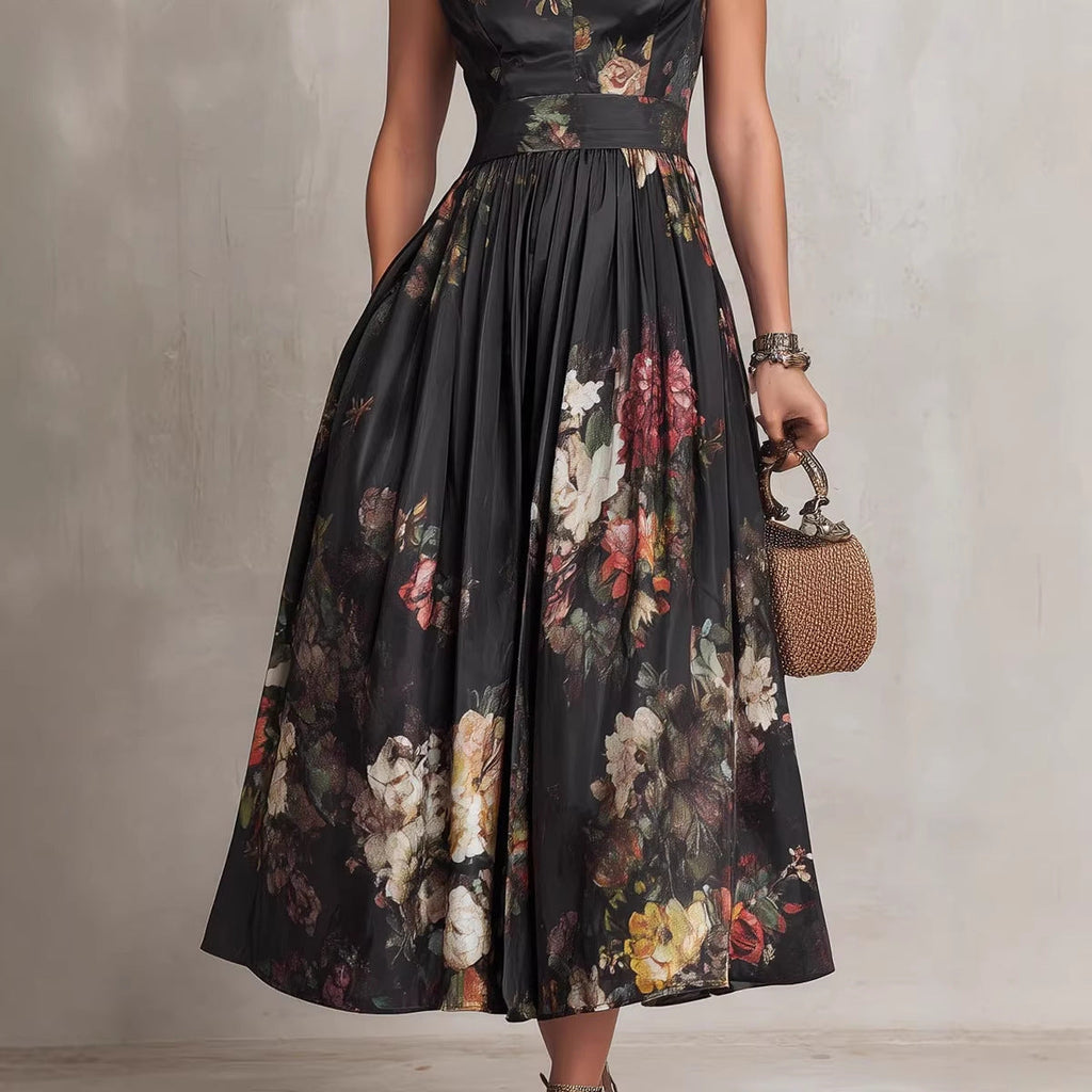 Robe longue noire à imprimé floral numérique, taille haute – Robe longue sans manches à ourlet irrégulier